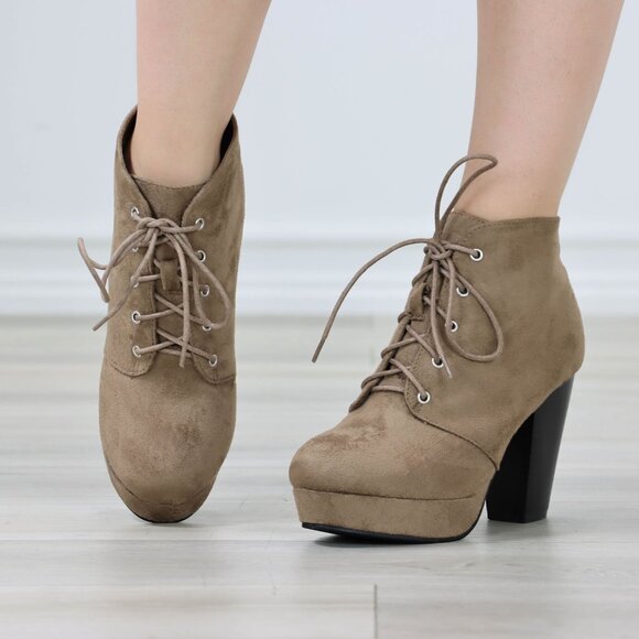 Womens Ankle Boots Lace Up Block Heel Booties Taupe Brown Suede - Picture 7 of 11